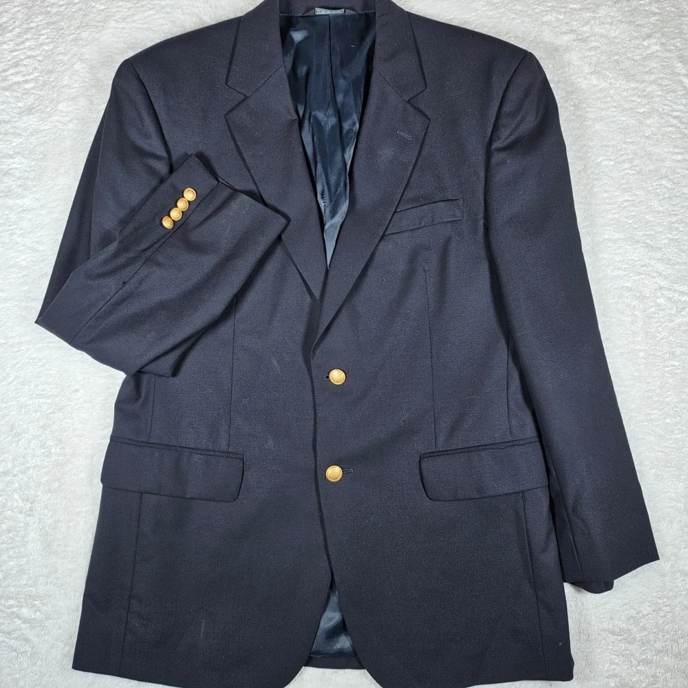 Jos. A. Bank Blazer Mens 41R Navy Blue Wool L/S Button Up Gold Crest Buttons